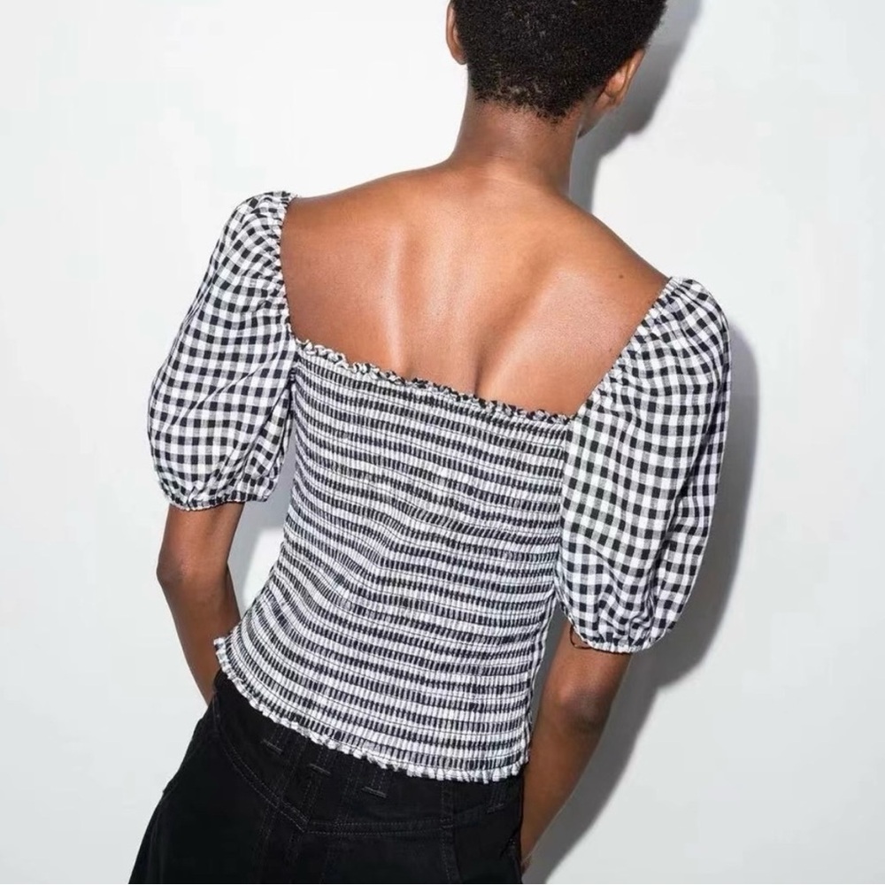 Reformation Monochrome Gingham Puff Sleeve Blouse - Picture 2 of 10